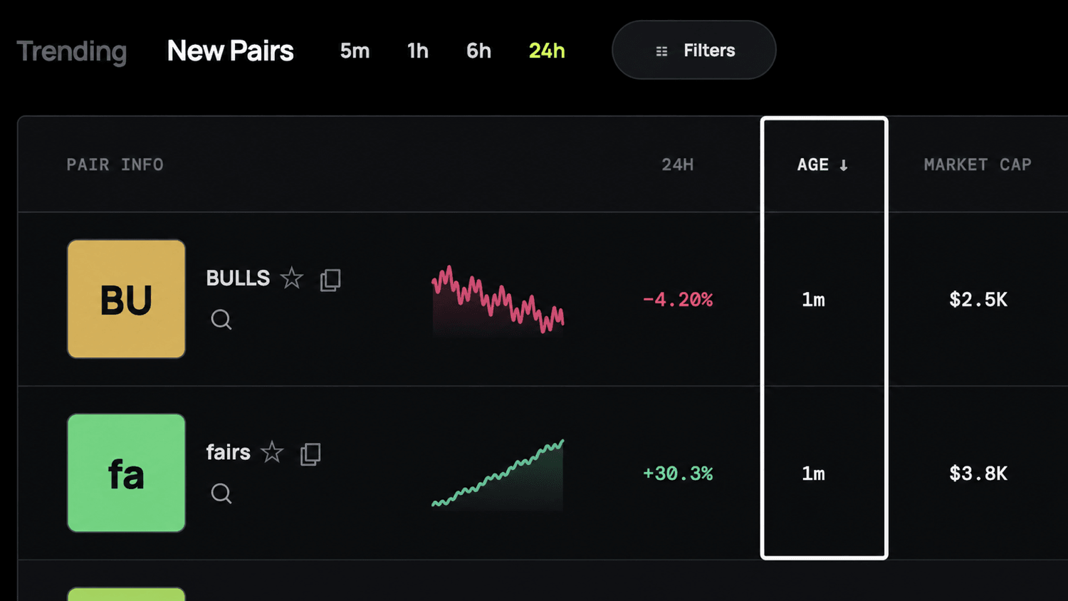 Vue New Pairs de Robinbot classée par âge des cryptomonnaies