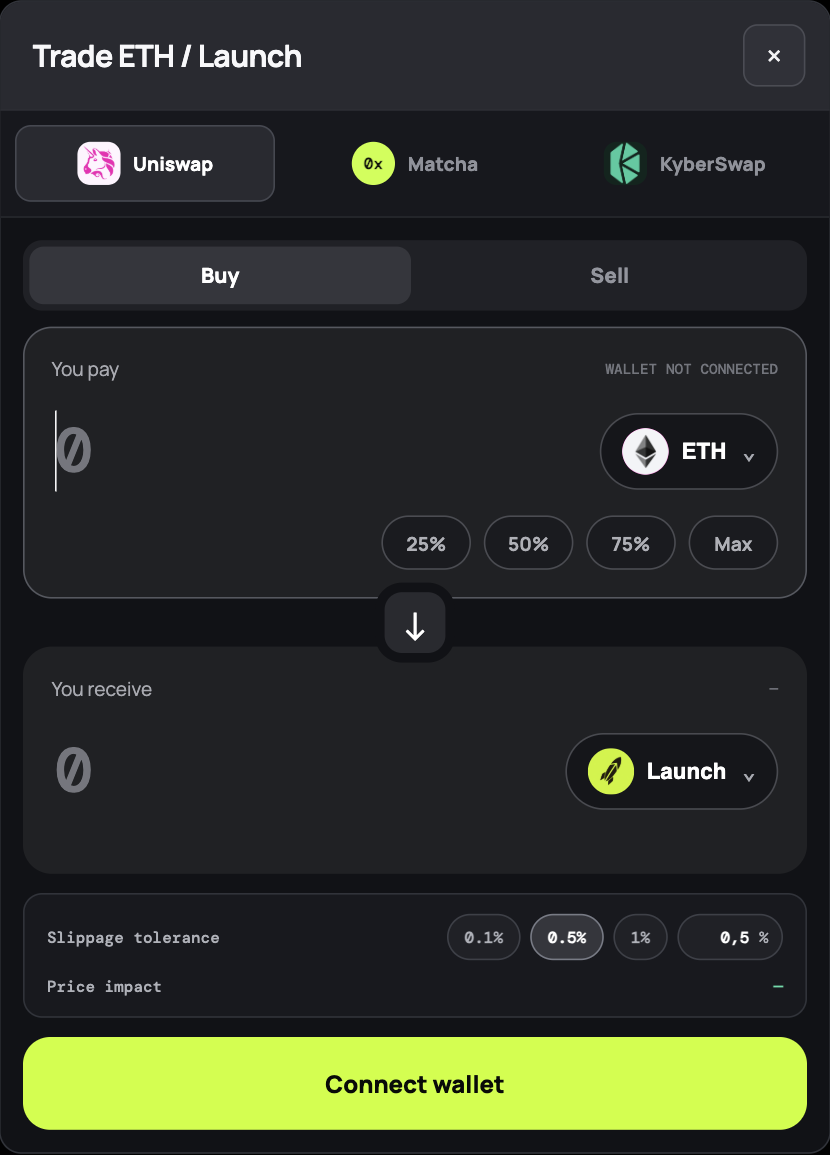 Module de trading Robinbot avec Uniswap, Matcha, KyberSwap et bouton Connect wallet vert